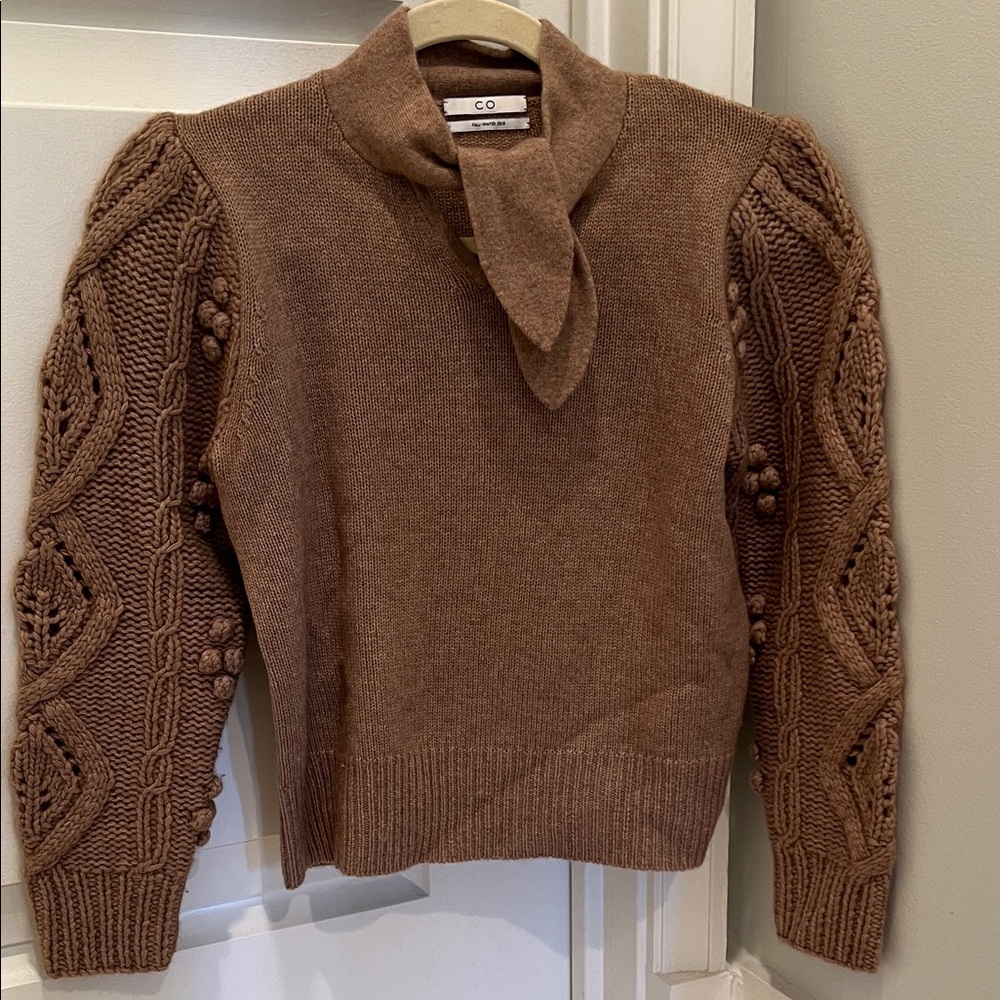 CO Tan Cowl Neck Sweater with Textured Sleeves